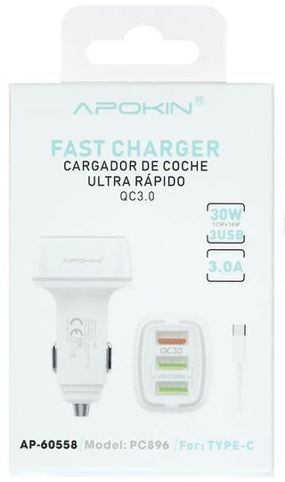Cargador 30W Coche Triple Salida USB 3.0 Cable Tip