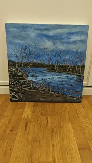 Cuadro Óleo Paisaje Río y Árboles