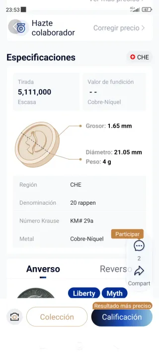 Moneda antigua Switzerland 20 1956