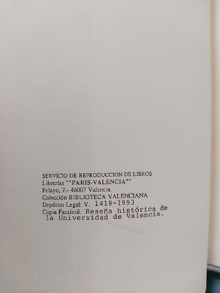 Facsímil “Reseña Histórica de la Universidad de Valencia. D. Miguel Velasco y Santos. 1868”.