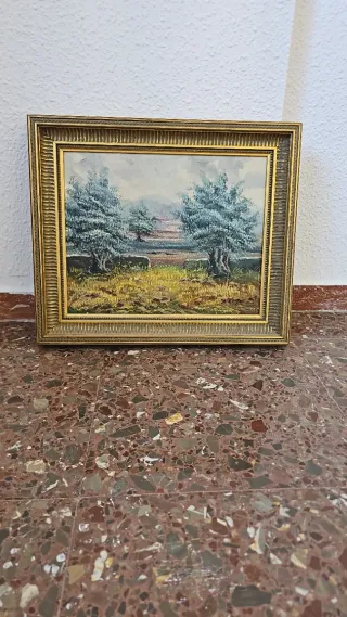 Pintura al óleo paisaje marco dorado