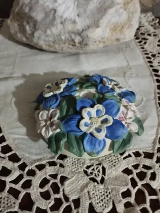 Porta penna vintage fiori blu e bianchi