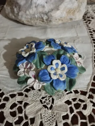 Porta penna vintage fiori blu e bianchi