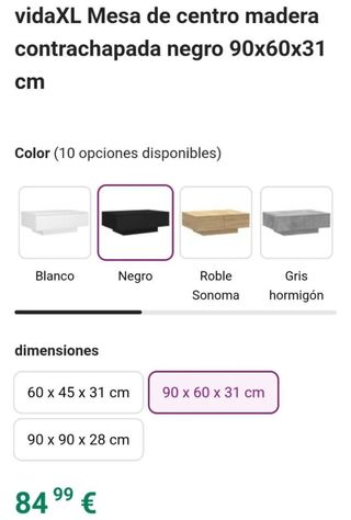 Mesa centro negra 90x60x31 - vidaXL
