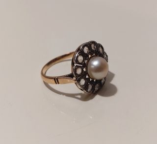 Anillo oro 18k con 11 diamantes y perla de 1940