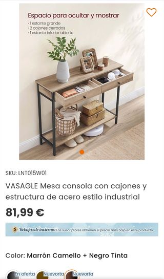 Tavolo consolle industriale con 2 cassetti in acciaio Vasagle LNT015W01