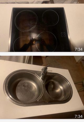 Mueble de cocina de madera, fregadero y vitriceram