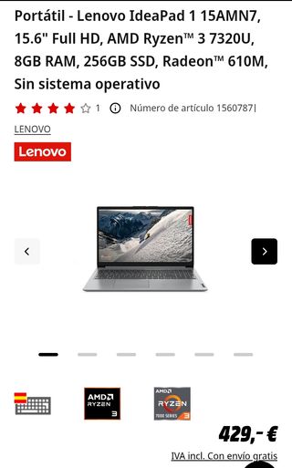 Portátil LENOVO Ryzen 3 IdeaPad IP1 15AMN7 de 15,6" y 256 GB