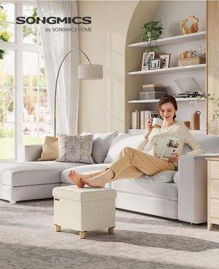 SONGMICS Puff Almacenaje, Baúl de Almacenaje Plegable, 32 x 40 cm, Taburete Reposapiés, Banco con Almacenamiento