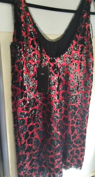 Vestido lentejuelas Zara fiesta negro/rojo Talla S