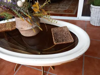 Mesa de centro cristal, madera y metal