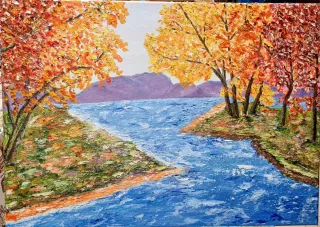 Cuadro al óleo paisaje de otoño, río y arboleda