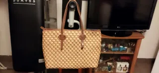 Borsa in pelle e rafia beige/marrone