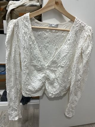 Top Zara Blanco Texturizado Manga Larga