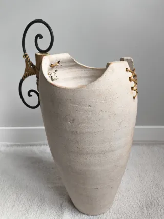 GRAN JARRON TINAJA FLORERO CERÁMICA HIERRO Y BAMBÚ