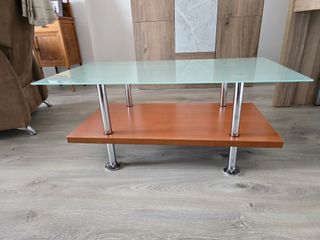 Mesa Centro Salón Doble Nivel Cristal y Madera