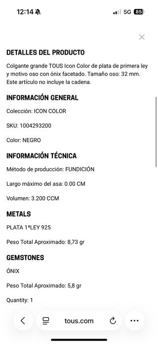 Colgante Oso TOUS Negro y Dorado Nuevo, 1 uso