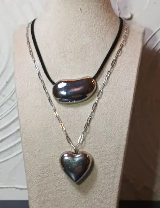 Collar Doble Capa Corazón y Haba Plateados