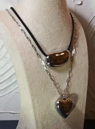 Collar Doble Capa Corazón y Haba Plateados