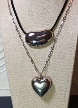 Collar Doble Capa Corazón y Haba Plateados
