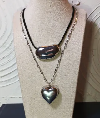 Collar Doble Capa Corazón y Haba Plateados