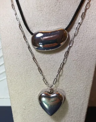Collar Doble Capa Corazón y Haba Plateados