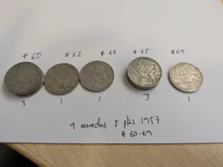 Lote 9 monedas 5 pesetas 1957