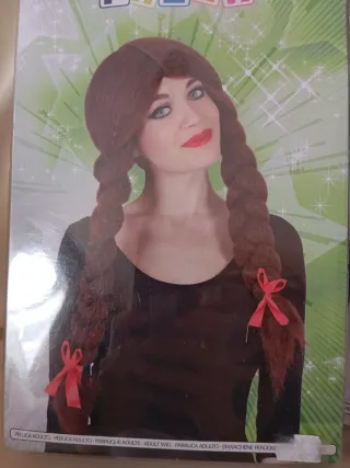 Peluca de disfraz con dos coletas largas y castaña