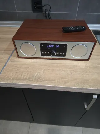 Equipo de sonido madera y plata bluetooth..