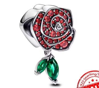 Charm Rosa Roja y Hojas Verdes Plata 925