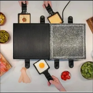 Raclette eléctrica 2 en 1 con 8 sartenes