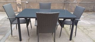Mesa y 4 Sillas Jardín Mimbre y Cristal