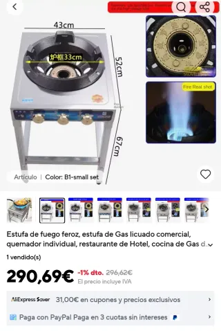 Cocina de gas comercial 3 fuegos