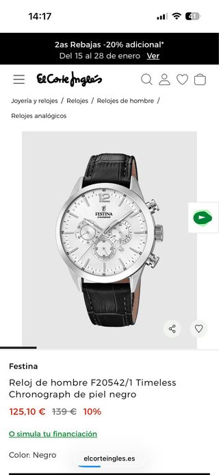 Reloj Festina Chronograph Hombre Acero Negro