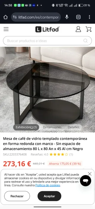 Mesa de centro cristal y metal