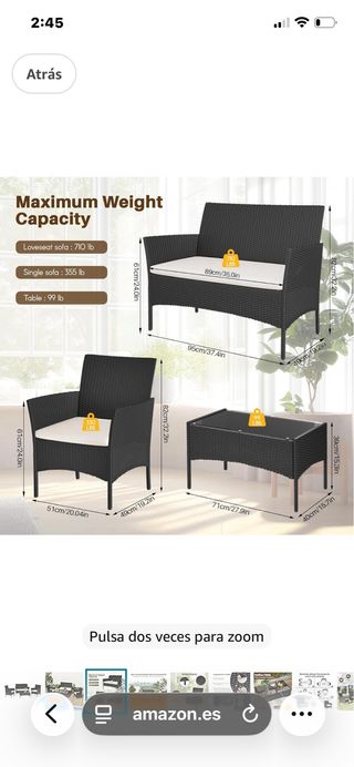 Conjunto Sofá, Sillón y Mesa Jardín Ratán