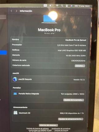 Macbook modelo A1990 1tb almacenamiento NEGOCIABLE