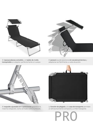 Tumbona Plegable con Toldo y Respaldo Regulables, Tumbona Piscina