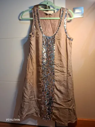 Vestido corto fiesta lentejuelas beige