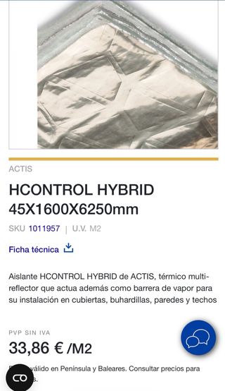 Aislante HCONTROL HYBRID ACTIS 45x1600x6250mm