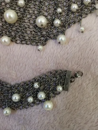 Lote collar y pulsera, malla de cadenas + perlas f