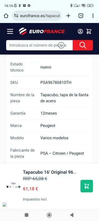 Tapacubos Peugeot Original Nuevo