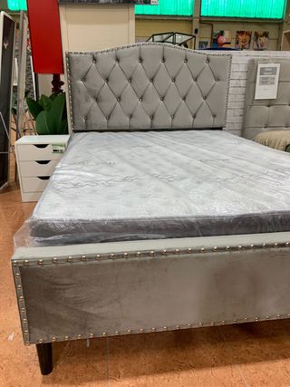 Cama capitoné 135x190 cm terciopelo gris