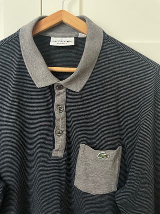 Polo Lacoste manga larga rayas azul y gris talla L