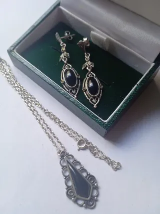 Pendientes y colgante azabache plata antiguos