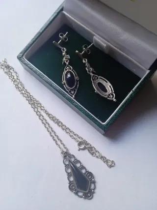 Pendientes y colgante azabache plata antiguos