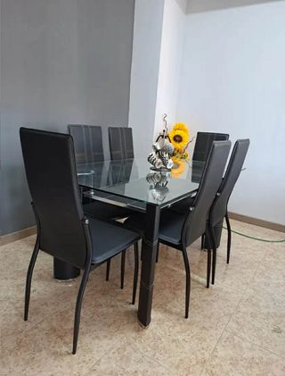 Comedor cristal 6 sillas polipiel negro + Envio