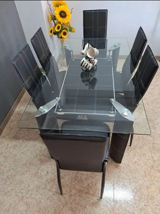 Comedor cristal 6 sillas polipiel negro + Envio