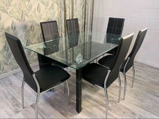 Conjunto comedor cristal y piel negro + Envio