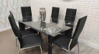 Conjunto comedor cristal y piel negro + Envio